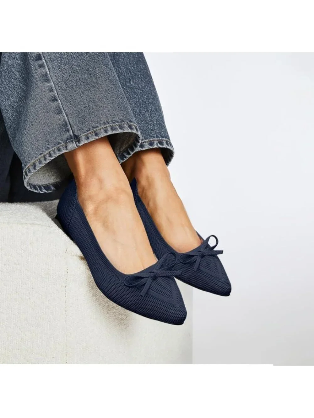Women's Navy Knit Ballet Flats Pointed Toe Bow Comfortable Dressy Shoes